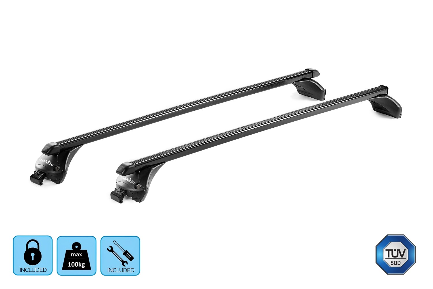 Green Valley Easy One Quick roof bars set black - Dachträger / Relingträger Satz Schwarz - dakdragers set zwart - jeu de barres de toit noir (4) Green Valley Easy One Quick roof bars set black - Dachträger / Relingträger Satz Schwarz - dakdragers set zwart - jeu de barres de toit noir (4)
