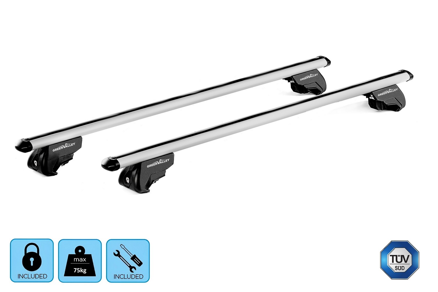 Green Valley Easy One SW roof bars set alu silver - Dachträger / Relingträger Satz Alu Silber - dakdragers alu zilver - jeu de barres de toit aluminium argent (3) Green Valley Easy One SW roof bars set alu silver - Dachträger / Relingträger Satz Alu Silber - dakdragers alu zilver - jeu de barres de toit aluminium argent (3)