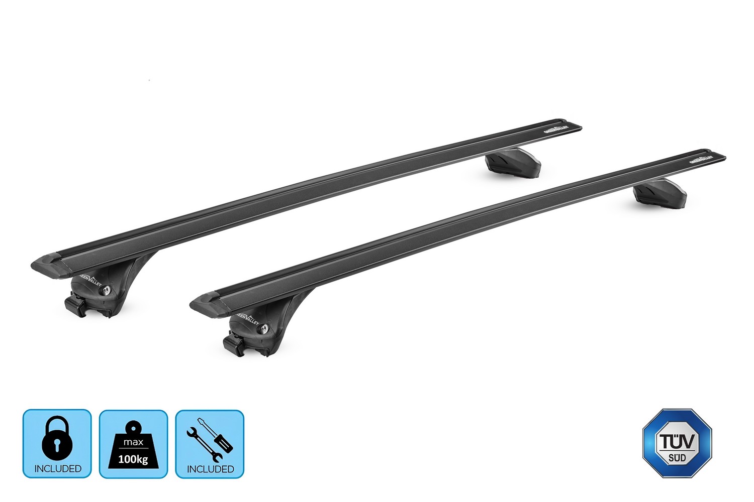 Green Valley Vento Quick roof bars set black - Dachträger / Relingträger Satz Schwarz - dakdragers set zwart - jeu de barres de toit noir (4) Green Valley Vento Quick roof bars set black - Dachträger / Relingträger Satz Schwarz - dakdragers set zwart - jeu de barres de toit noir (4)