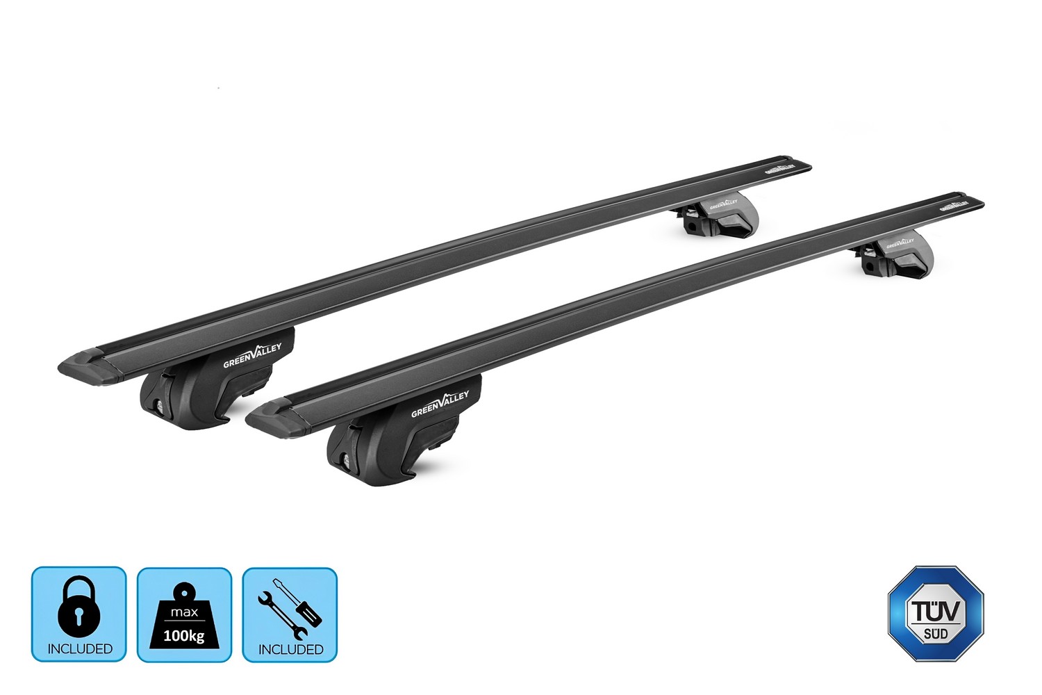 Green Valley Vento Trek roof bars set black - Dachträger / Relingträger Satz Schwarz - dakdragers set zwart - jeu de barres de toit noir (4) Green Valley Vento Trek roof bars set black - Dachträger / Relingträger Satz Schwarz - dakdragers set zwart - jeu de barres de toit noir (4)
