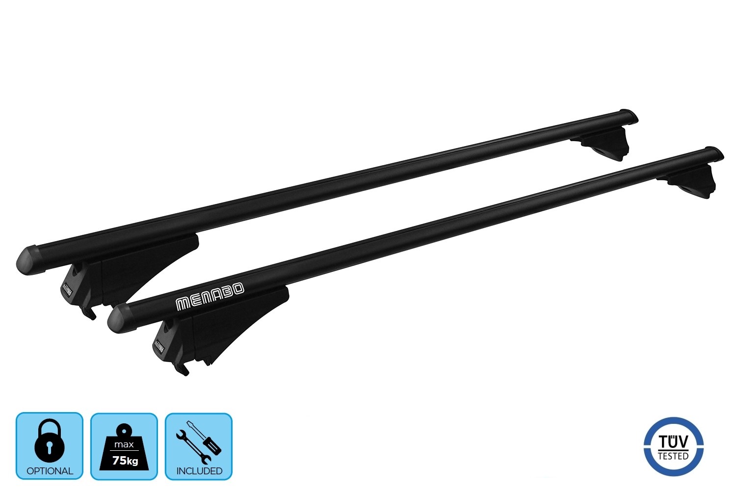 Menabo Tiger roof bars set black - Dachträger / Relingträger Satz Schwarz - dakdragers set zwart - jeu de barres de toit noir (4) Menabo Tiger roof bars set black - Dachträger / Relingträger Satz Schwarz - dakdragers set zwart - jeu de barres de toit noir (4)