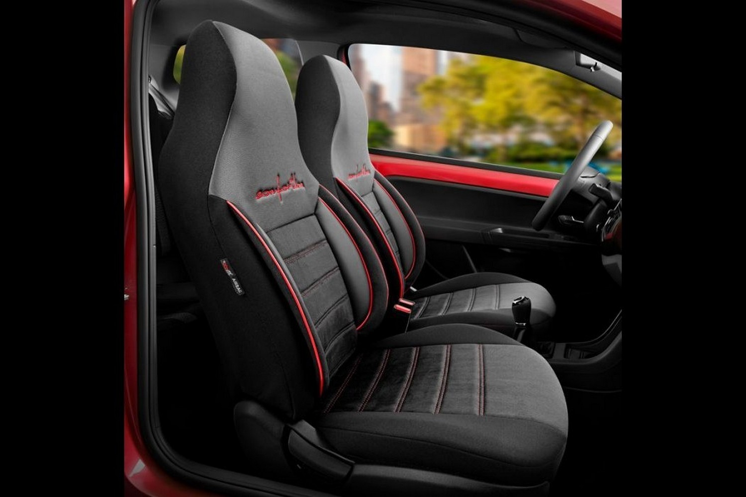 Stoelhoezen Seat Mii 2011-2021 3 & 5-deurs hatchback Comfortline CityBug velours zwart / rode accenten